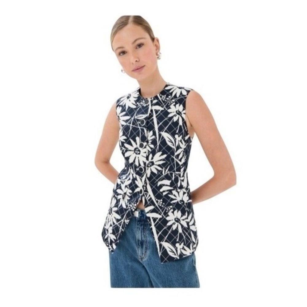 Veronica Beard Lois Vest Womens 4 Navy Dove Floral Grid Tailored Button Front